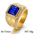 Golden Masonic ring for men with large square blue gemstone and side engravings - Gold Blue