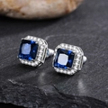Elegant square silver earrings featuring a deep blue center stone and white pave crystals - Large Square / Blue