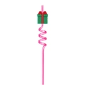 Pink spiral straw with green Christmas gift box charm for festive party supplies decoration - Green Gift Box / Pink