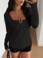 Slim fit black cable knit sweater featuring a square neckline with button details - S / Black