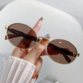 Oval gold metal sunglasses with brown lenses and tortoise shell temple details - Gold Frame Gray Brown Lens