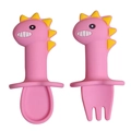 Pink silicone baby utensil set featuring cute dinosaur handles with safety guards - Full Silicone Fork and Spoon Set / Pink