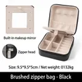 Portable square black PU leather jewelry box with mirror and cross grain zipper closure - Black (Mirrored Brushed) / With Mirror / Black