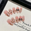 French style caramel tweed press-on nails with cat-eye finish, pearls, and black bows - Extra Small (XS) / 2204-Medium Oval