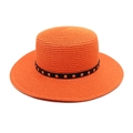 Detail of bright orange straw boater hat featuring black leather band and silver metal studs - M (56-58cm) / Orange