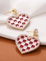 Elegant red and white checkered heart earrings with pearl trim and gold finish - Red White Checker (M-808)