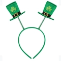 Detail of St. Patrick's Day headband with green mini top hats and shamrock sequins - Mini Hat Headband