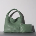 Sage green woven leather bucket bag set with matching inner pouch and shoulder strap - Grass Green
