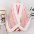 Pink bohemian knit shawl with colorful wave patterns and white faux fur collar trim - Light Orange Pink / 140cm