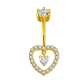 Detail of gold heart belly ring with pave-set zircon and dangling central heart stone - Style 31