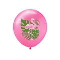 Detail of pink latex balloon with tropical flamingo and green palm leaf prints - Pink