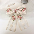 Pasador de pelo de encaje blanco roto con bordado floral rosa y verde y cintas largas - Lazo Grande