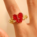 Close-up of gothic red coffin gemstone ring with gold rose engravings on band - 14K Light Gold Double Coffin Rose Style (6932) / 14K Light Gold Color