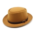 Chapeau Pork Pie rétro en laine caramel avec ceinture en cuir marron et boucle dorée - M (56-58cm) / Kaki
