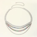 Detailed macro view of silver multi-layer waist chain with colorful rhinestones and lobster clasp - Colorful Zirconia / Silver