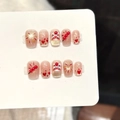Pink Chinese New Year press-on nails with 3D lion dance and glitter heart designs - Extra Small (XS) / Super Short Coffin Pink Lion Heart (3368)
