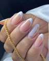 Classic French press-on nails in almond shape with pink base and gold foil accents - French White Nude Pink With Gold Foil (AW148)