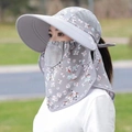 Women's sun protection hat with floral print face mask and neck cover in grey and white - Gray