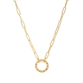 Collier chaîne trombone plaqué or 18 carats avec pendentif rond à texture rayonnante - Collier à Maillons Ouverts No.6