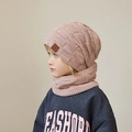 Pink chunky knit winter hat and scarf set for kids with warm fleece lining - 2-Piece Set (Hat + Scarf) / Pink