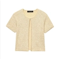 Cardigan in tweed giallo pallido da donna con paillettes dorate e maniche corte in piano - S / Top Beige