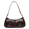 Vintage dark brown crescent shoulder bag with dual front pockets and retro oil wax texture - Brown