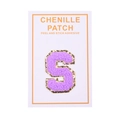 Detailed view of self-adhesive purple chenille letter S patch with gold glitter borders - Letter S / Purple