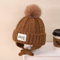 Gorro de punto marrón de invierno para niños con pompón grande y orejeras con cordones - Niños aprox 3-10 años / Café oscuro