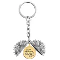 Detail of opening silver sunflower keychain with engraved gold inner pendant - T00003 Silver Shell Gold Disc (She believed she could so she did)