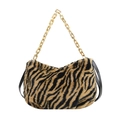 Schultertasche aus Kunstpelz mit Tigermuster, goldener Kette und großem Volumen - Braun Leopard (Tigermuster)