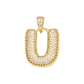 Close-up of gold-plated U-letter pendant with micro-paved sparkling zircon stones - Letter U