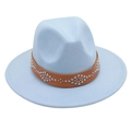 Detail of light blue wool fedora with brown faux leather band and silver rivet studs - M (56-58cm) / Sky Blue