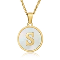 18K gold plated necklace with round shell pendant featuring a letter S design - White Mother of Pearl Letter S