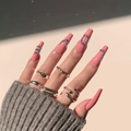 Pink coffin press-on nails with rhinestone LOVE pattern and silver liquid metal rings - Pink Glossy Alphabet Rhinestone Style (JP1344)
