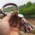 Pink leopard print floral PU leather bracelet keychain with tassel and gold ring - Red