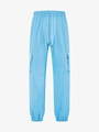 Detail of light blue men's cargo pants showing waffle textured fabric and side flap pocket - Light Blue