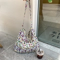 Floral canvas tote bag in pale yellow with purple flower print and long shoulder straps - Tulip Blue Branch