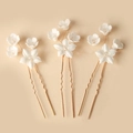 Three-piece bridal hair pin set with white ceramic flowers and crystal centers - SHSS5390-3Pcs Set/Gold/Single Flower