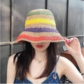 Women's summer straw bucket hat with vibrant colorful stripes and breathable crochet knit - M / Rainbow Crochet-Khaki