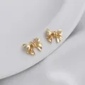 14K gold plated bow pendants with pink star zircons for DIY jewelry making - 1 Piece / Zircon Inlaid 3D Bow Mini Charm