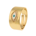 Detailed side view of a wide gold-plated evil eye ring with white cubic zirconia micro-pave - Evil Eye Style