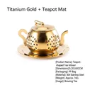 Titanium gold teapot-shaped 304 stainless steel tea infuser with matching drip tray - Gold With Coaster