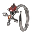 Gothic gunmetal open ring featuring a red heart stone and cross detail on white background - Gun Black Cross Heart Style (12)