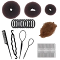 Brown hair bun maker set with donut shapers, elastic bands and hair styling tools - Multifunctional Set (As Shown) / Dark Brown
