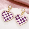 Purple and white checkered heart earrings with pearl trim on pink silk background - Purple White Checker (M-807)