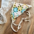 Floral crochet triangle head scarf with white and yellow knit daisy patterns and ties - Hollow Flower Blue Yellow