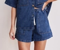 Close-up of contrast stitching and button details on dark blue denim short set - S / Deep Blue Pants