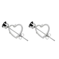 Cupid's heart stud earrings in silver finish with round black gemstone inlay - Silver Tone - Black Zirconia Hollow Heart Studs