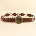 Vintage bruine lederen riem met ronde metalen gesp en klinknagels voor dames - Antiek Roodbruin / 110cm