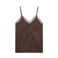 Elegante camiseta de satén marrón con delicado ribete de encaje para mujer, estilo - XS / café